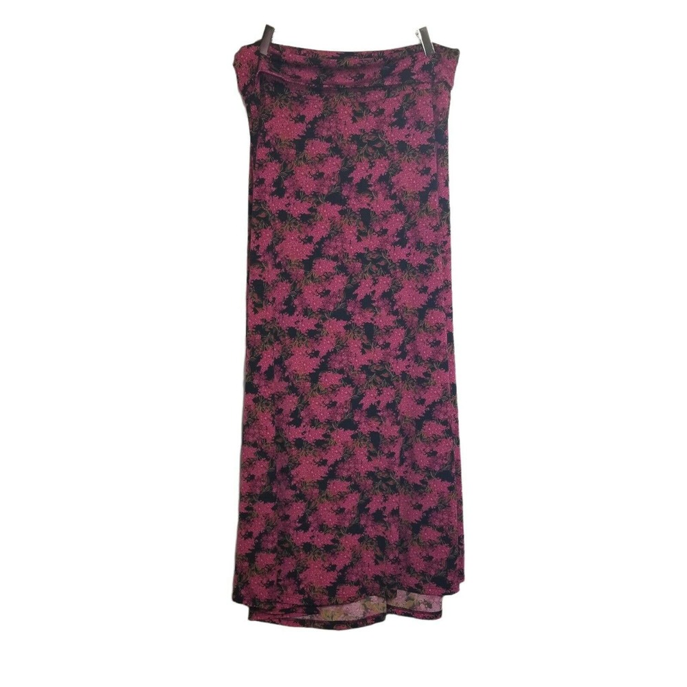 Lularoe Magenta Flowers On Black Stretchy Roll Waist Maxi Skirt Size Large